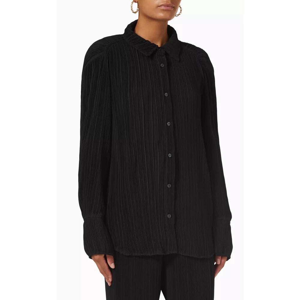 Good American Plisse Black Pleated Button Front Blouse Shirt S/M Chic Office
